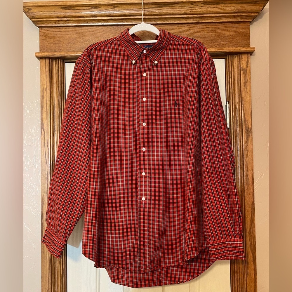 Ralph Lauren Mens Classic Fit  Shirt Sz 17 / XL Red Plaid Long Sleeve Sh…